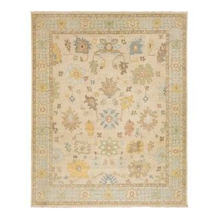 12 X 15 Designed Modern Floral Oushak Style Wool Rug Handmade in Beige For Sale