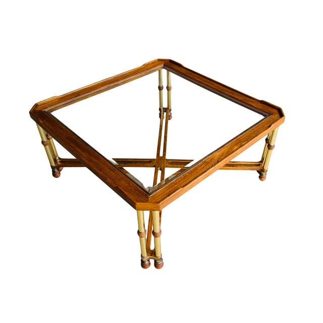 1970s Vintage Faux Bamboo Brass & Glass Coffee Table | Hollywood Regency Chinoiserie Cocktail Table | Campaign Style Designer Square Coffee Table For Sale - Image 5 of 13