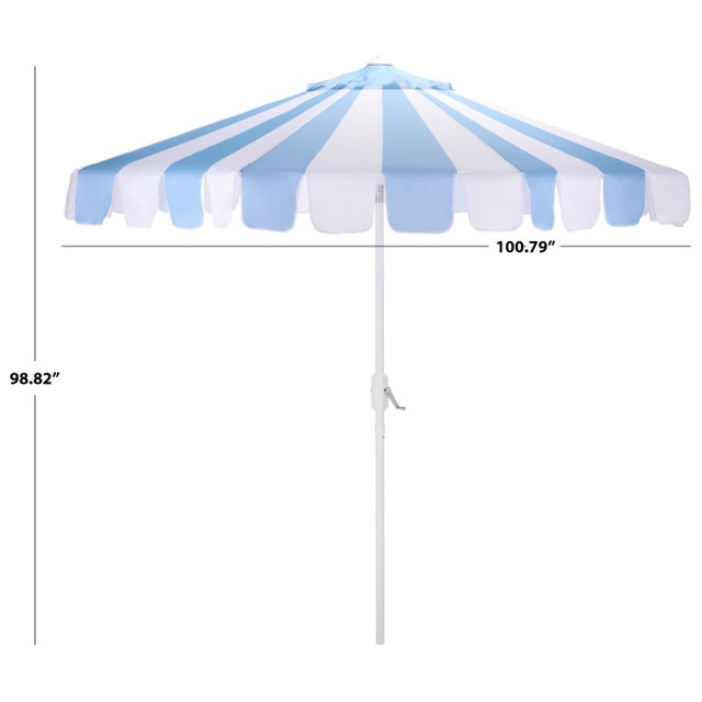 Modern Meze 9 Ft Crank Umbrella, Baby Blue Cabana Stripe/White Pole For Sale - Image 3 of 9