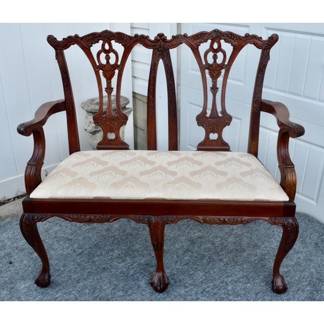 Wood Vintage Carved Mahogany Settee Chippendale Style Ball & Claw Feet For Sale - Image 7 of 16