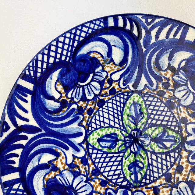 1950s Large Spanish Handpainted Blue Ceramic Plate, 1950s For Sale - Image 5 of 11