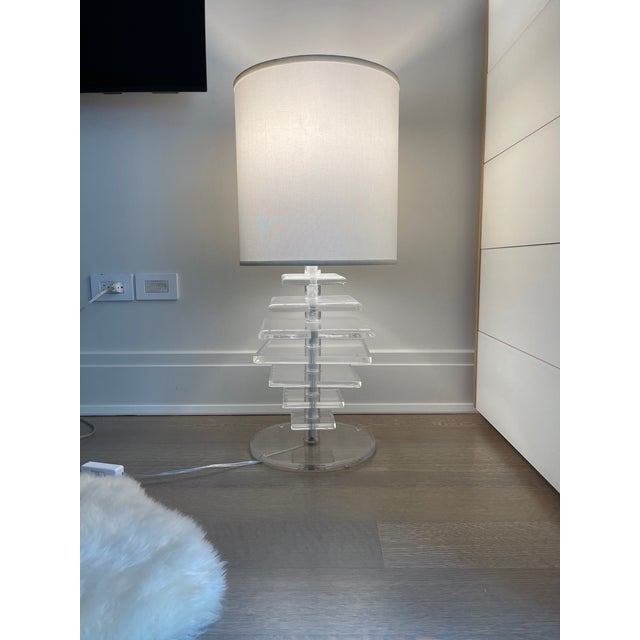 Vintage Karl Springer Style Stacked Lucite Table Lamp, Having Eight Stacked Lucite Squares Terminating on Round Base....
