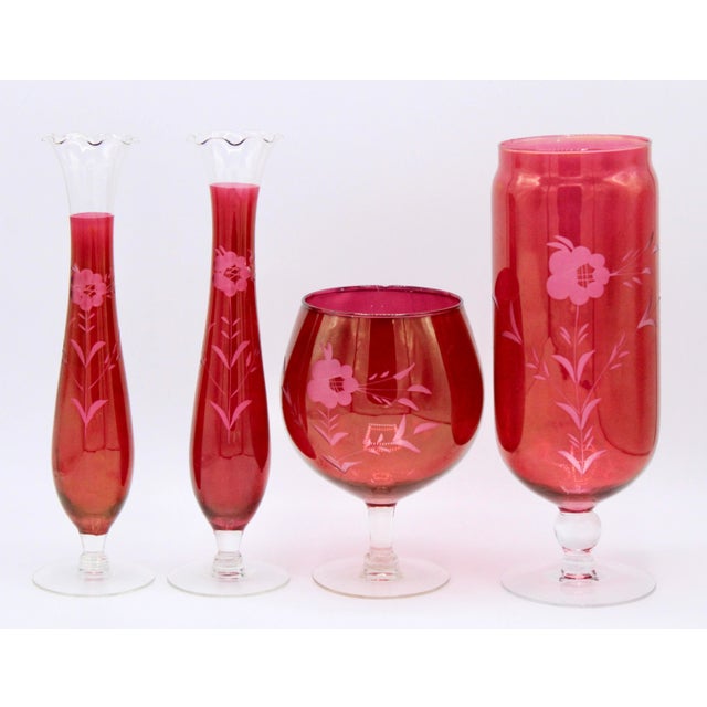 Early 20th Century Antique Czech Bohemian Crystal Cranberry Glass Set of (4) For Sale - Image 5 of 13