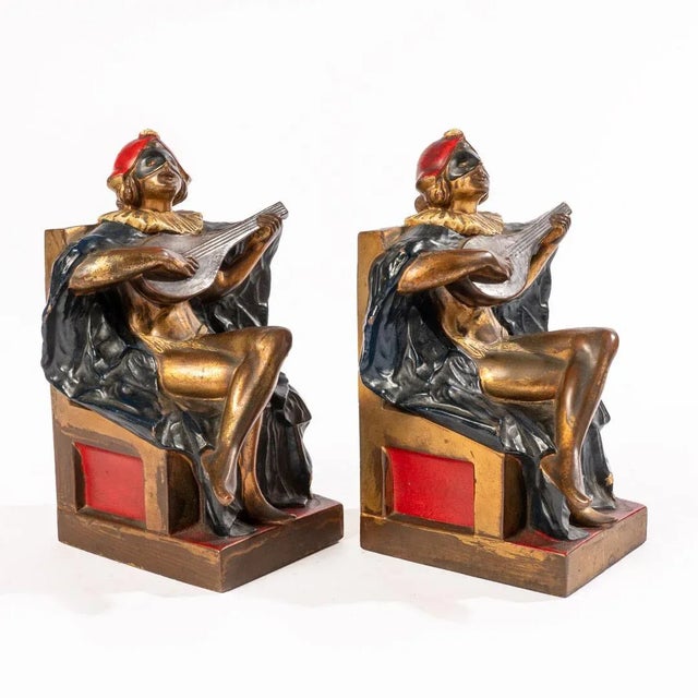 Pair of 1920s Pierrot Playing Mandolin Bookends For Sale - Image 6 of 6