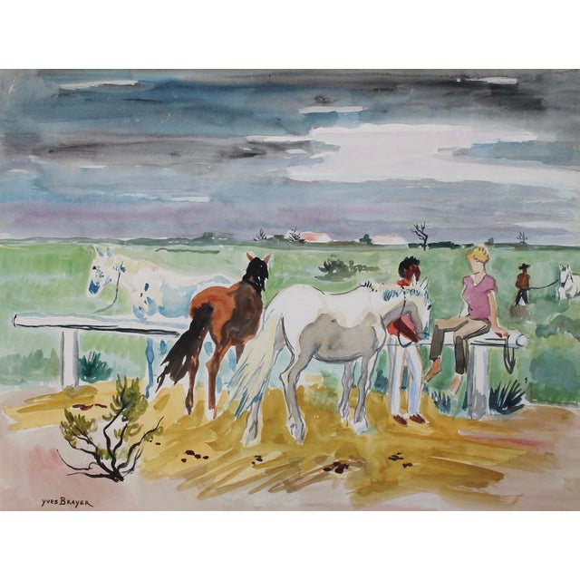 Gardians with horses in the camargue', gouache on art paper, by yves brayer (circa 1950s). A luminous artwork capturing...