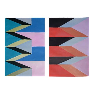 2022, Constructivist Surreal Architecture Diptych, "Tribal Geometric Zigzags", Axrylic Painting on Watercolor Paper by Natalia Roman For Sale