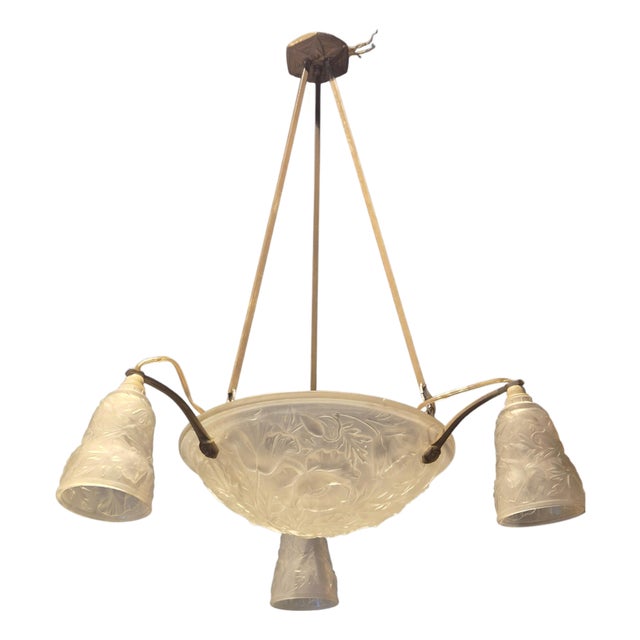 Art Nouveau Chandelier with Glass Shades and Decor of Poppies, France, 1920s For Sale