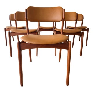 Model Od49 Dining Chairs in Teak and Cognac Italian Leather by Erik Buch for Oddense Maskinsnedkeri / O.D. Møbler, Denmark, 1960s, Set of 6 For Sale