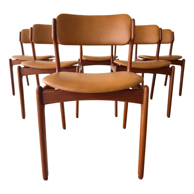 Model Od49 Dining Chairs in Teak and Cognac Italian Leather by Erik Buch for Oddense Maskinsnedkeri / O.D. Møbler, Denmark, 1960s, Set of 6 For Sale