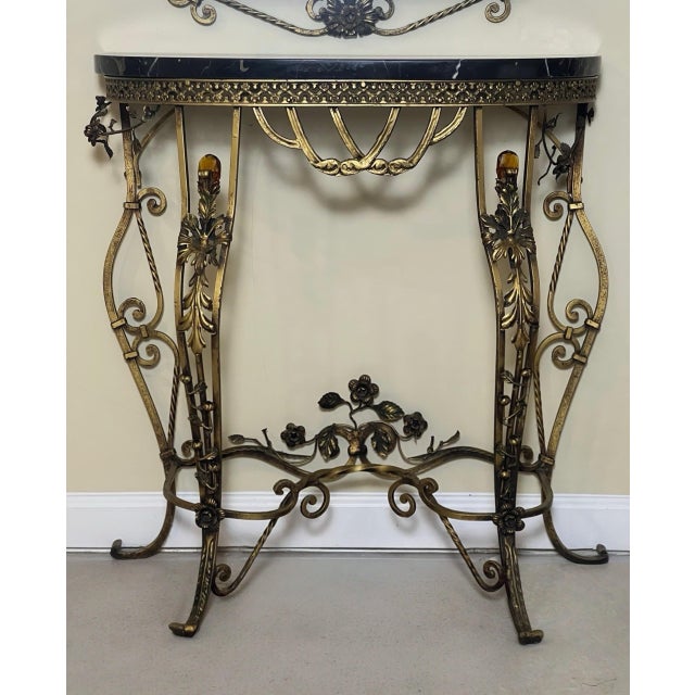 Oscar Bach 1920s Oscar Bach Gilded Iron Console and Beveled Mirror Set With Black Marble Top, Attributed For Sale - Image 4 of 18