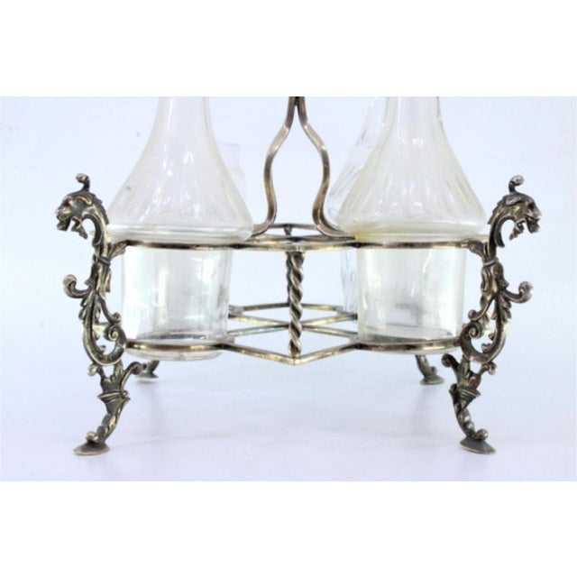 Embossed Silver and Glass Liqueur Bottles and Mustard Container, Set of 4 For Sale - Image 3 of 7