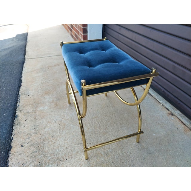 Metal 1960s Vintage Mid Century Blue Tufted/ Gold Metal Frame Vanity Bench by Kock Original Style For Sale - Image 7 of 10