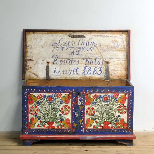 Folk Art Bridal Chest, 1883 For Sale - Image 4 of 14