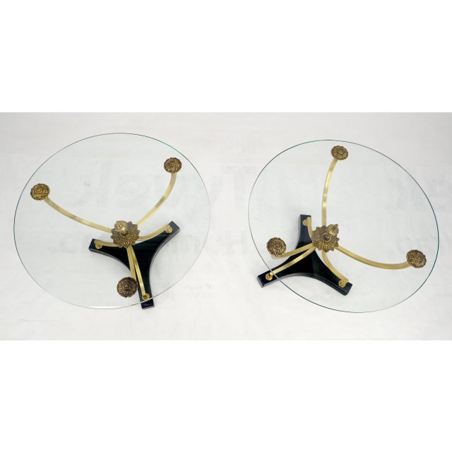 Pair of 22" Round Glass Top Brass Bases End Side Center Tables Stands For Sale - Image 4 of 12