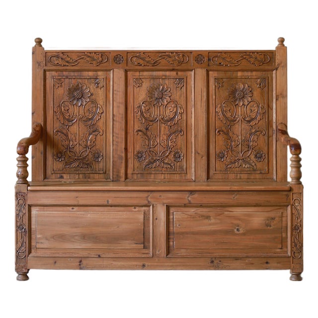 Mid 20th Century English Pine Carved Storage Bench For Sale