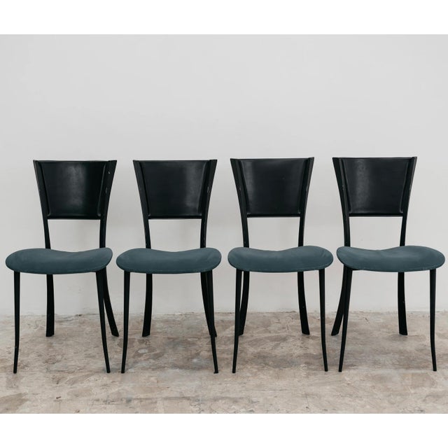 Vintage Chairs in Black Metal with Leather and Aqua Green Fabric, 1980s, Set of 4 For Sale - Image 9 of 13
