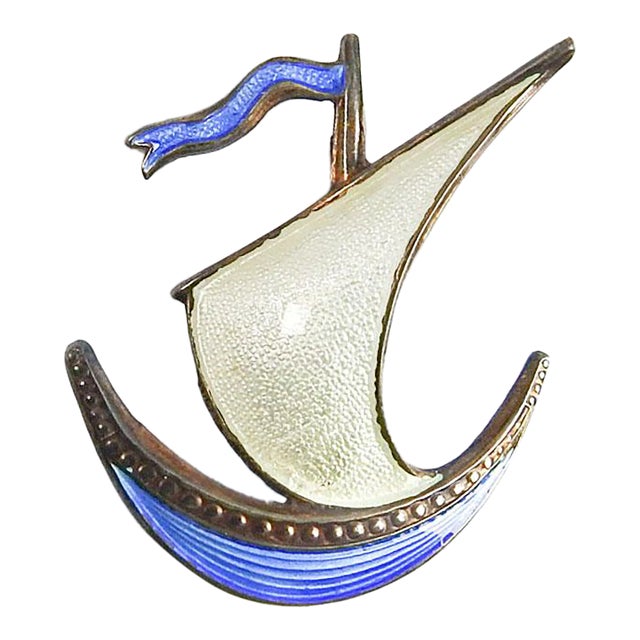 Vintage Ivan Holth Guilloche Enamel Over Sterling Silver Sailing Ship Brooch For Sale