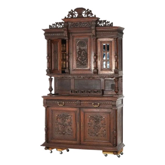 Antique Renaissance Revival Figural Carved Knight & Horse Oak Hunt Board C1890 For Sale