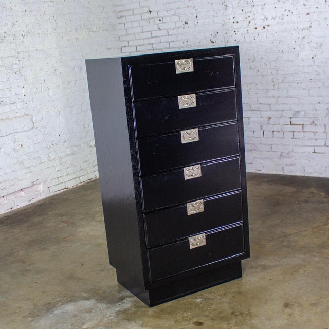 Marvelous vintage Modern Campaign or Hollywood Regency black lacquered narrow chest of drawers or lingerie cabinet with...