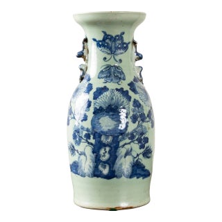 Late 19th Century Qing Dynasty Chinese Porcelain Baluster Celadon Vase With Blue Floral Decoration For Sale