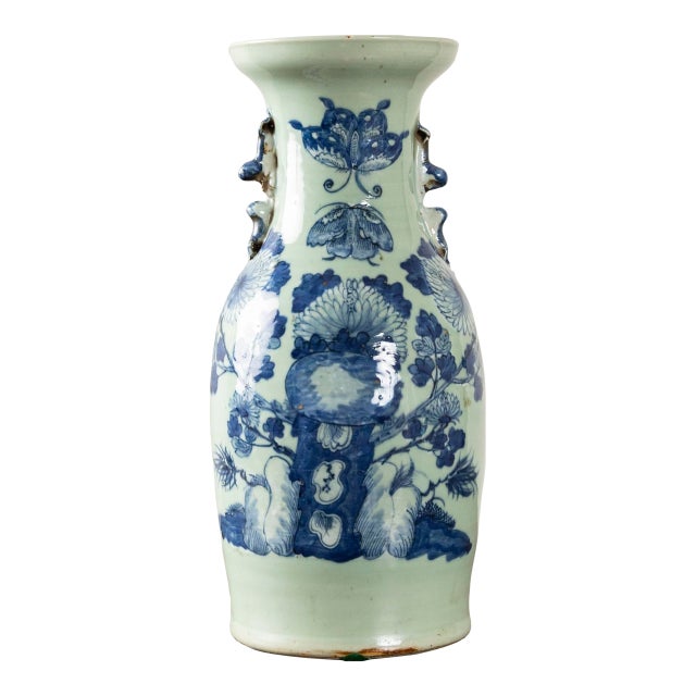 Late 19th Century Qing Dynasty Chinese Porcelain Baluster Celadon Vase With Blue Floral Decoration For Sale
