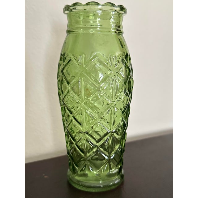 Vintage 1960s Century Small Avocado Green Pressed Glass Vase For Sale In Orlando - Image 6 of 12
