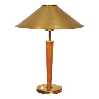 Large Swedish Brass and Oak Table Lamp by Boréns, 1940s For Sale