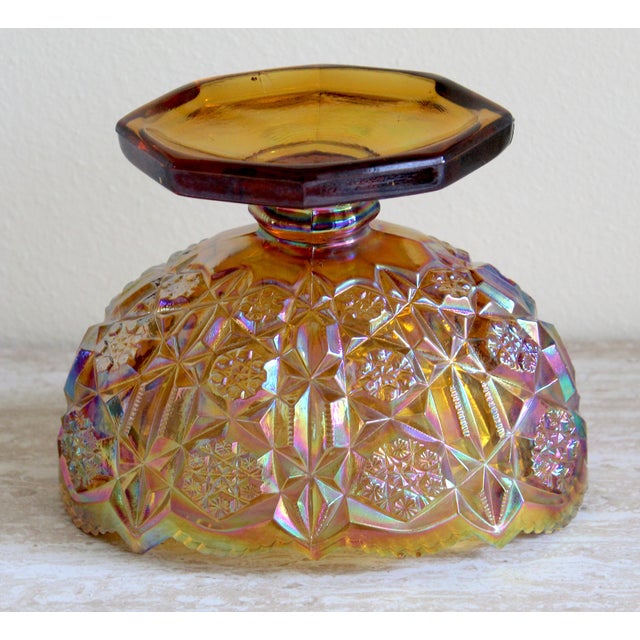 Vintage l.e. Smith Heritage Amber Carnival Glass Oval Pedestal Compote Bowl For Sale - Image 11 of 13