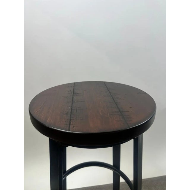 Vintage Industrial Style Round Wood Top Bar Stools W Black Iron Legs, Set of 4 For Sale - Image 10 of 11