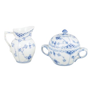 Late 20th Century Blue Fluted Half Lace Creamer and Sugar Bowl from Royal Copenhagen, Set of 2 For Sale