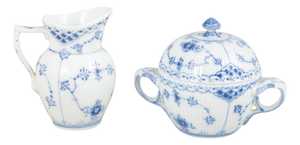 Late 20th Century Blue Fluted Half Lace Creamer and Sugar Bowl from Royal Copenhagen, Set of 2