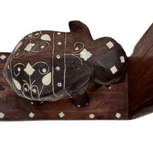 Coffee Mid 20th Century Anglo-Indian Carved Hardwood Elephant Bookends With Intricate Bone Inlay — Pair For Sale - Image 8 of 11