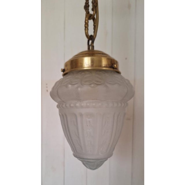 Metal Antique French Teardrop Lamp with Frosted Relief Glass Shade on Brass Mount, 1900s For Sale - Image 7 of 9