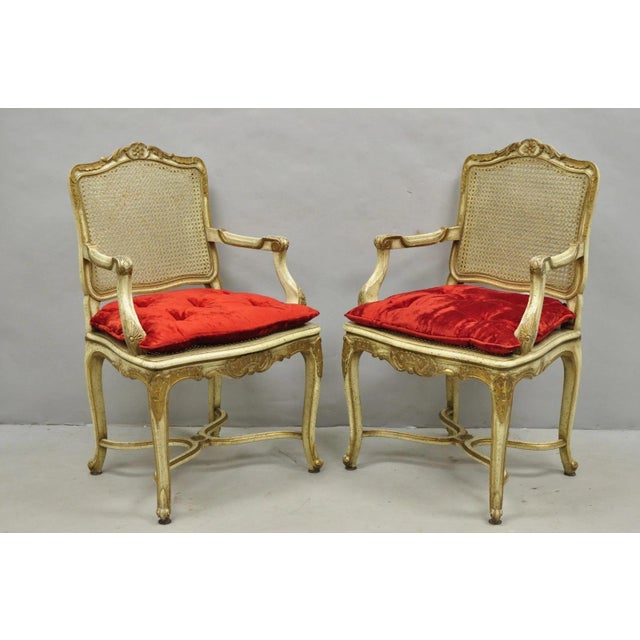 Vintage French Louis XV Style Cream Painted Carved Wood Cane Arm Chairs - A Pair For Sale - Image 18 of 18
