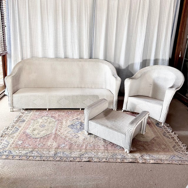 American Vintage Lloyd Looms - 3 Piece Wicker Set: Sofa, Rocking Chair, Foot Stool/Side Table, 3 Pieces For Sale - Image 3 of 17
