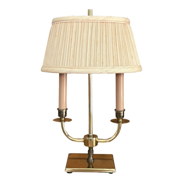 Vintage Brass Bouillotte Table Lamp – Dual Candle Arm French Empire Style W/ Pleated Shade For Sale