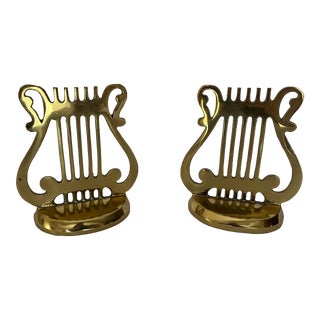 Vintage Brass Lyre Bookends- a Pair For Sale