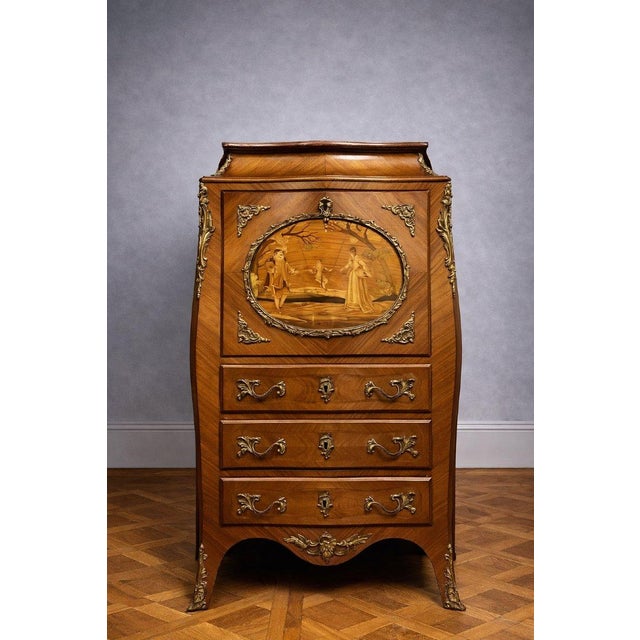 Louis XV Marquetry Secretaire with Gallant Scene in Gilt Bronze For Sale - Image 3 of 7