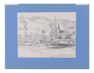 Le Canot - Original Charcoal Drawing on Paper y G. Bruelle 1874