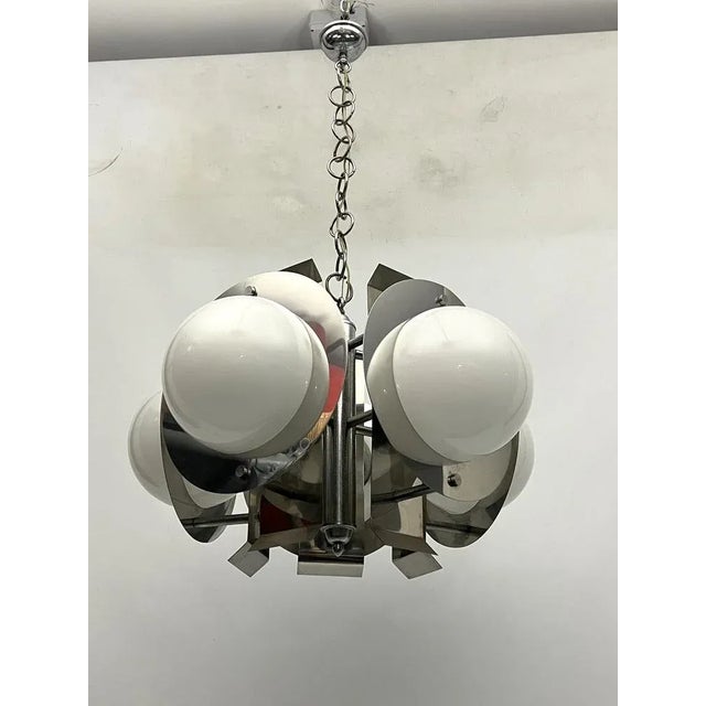 Space Age Five-Light Hanging Light in Chrome and White Glass, Italy, 1970s For Sale - Image 7 of 9