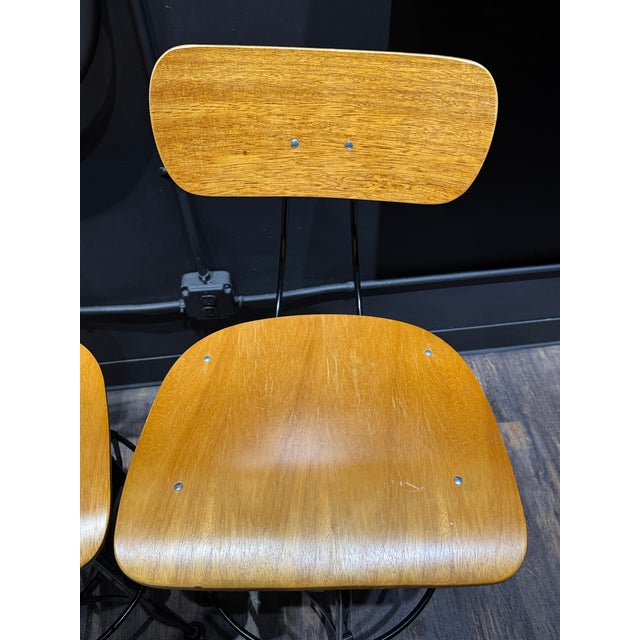 Wood 1990s Toledo Industrial Style Drafting Adjustable Swivel Stools For Sale - Image 7 of 12