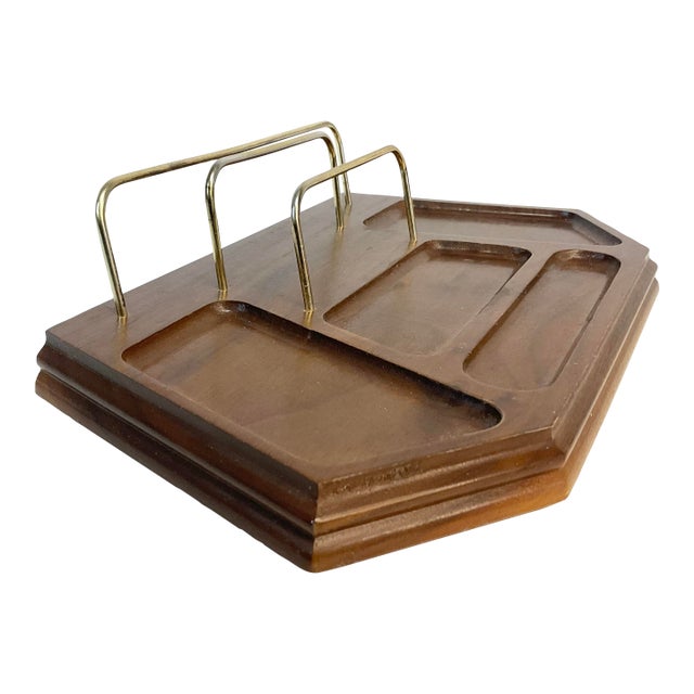 1970s Mid-Century Boho Chic Walnut & Brass Desk or Dresser Caddy Valet Tray. For Sale