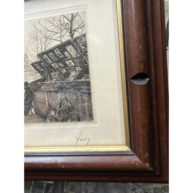 1940s “Les Bouquinistes” French Signed Etching by Yvon Monay, Framed For Sale - Image 4 of 6