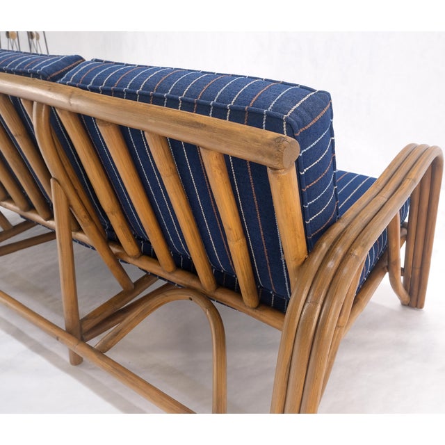 1970s Striped Blue Upholstery Bamboo Frame Mid Century Modern Sofa MINT! For Sale - Image 15 of 17