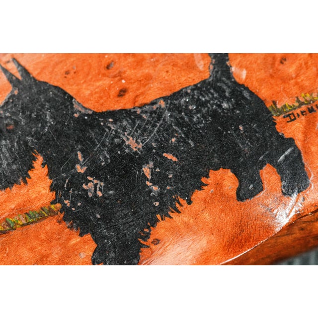 Fantastic Antique Handmade Burlwood Snuff Box Hand Painted Scottish Terrier Dog Top Tobacciana For Sale - Image 4 of 11