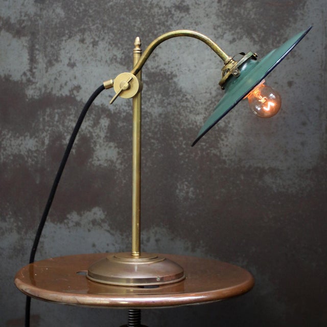 French petrol enamel and brass desk light 2,5 meter black cotton flex, plug and switch E27/E26 European Plug (up to...