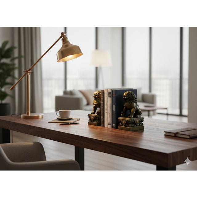 Metal Pair Vintage Copper Color Metal Rustic Fengshui Foo Dog Lions Figures For Sale - Image 7 of 9