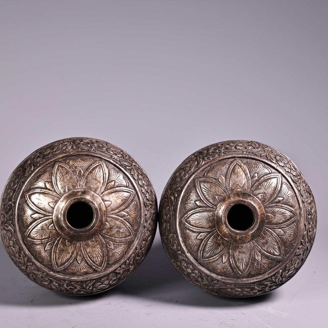 Silver Pair of Vintage Silver-Toned Bronze Vases - Repoussé Floral Motif, Meiping Form For Sale - Image 8 of 9