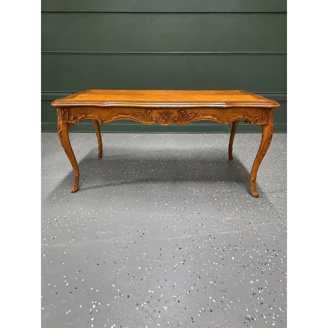 Vintage Louis XV Style Carved Walnut Marquetry & Parquetry Coffee Table For Sale - Image 4 of 12