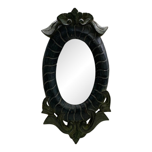 Vintage Hand-Carved Wooden Oval Mirror With Foliate Frame For Sale